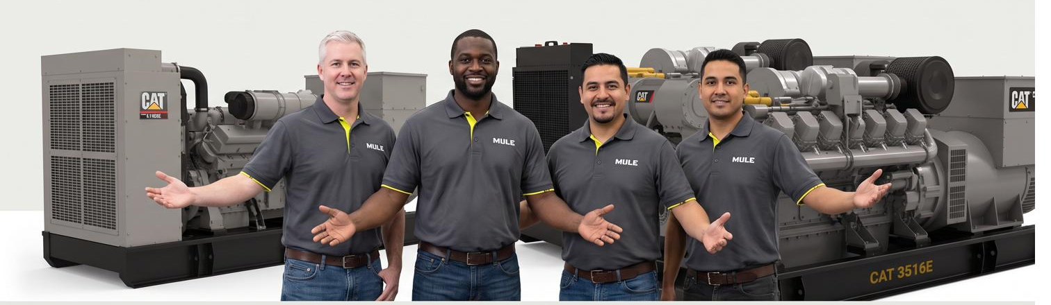 Four members of the MULE team in matching charcoal polo shirts with yellow trim, standing with arms open in front of a row of Caterpillar generator sets.