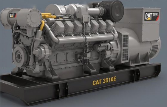 Three-quarter view of a Caterpillar 3516E V16 generator set on a black skid base, showing the CAT-branded exhaust muffler, engine block and alternator.