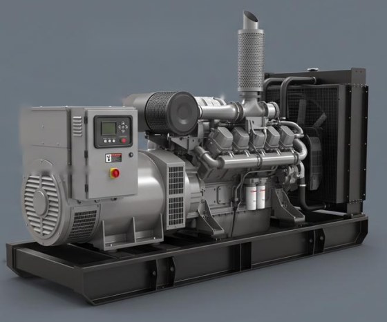 Three-quarter view of the MULE 1MW 60Hz diesel generator set on a black skid base, showing the alternator, control panel, engine block and radiator.